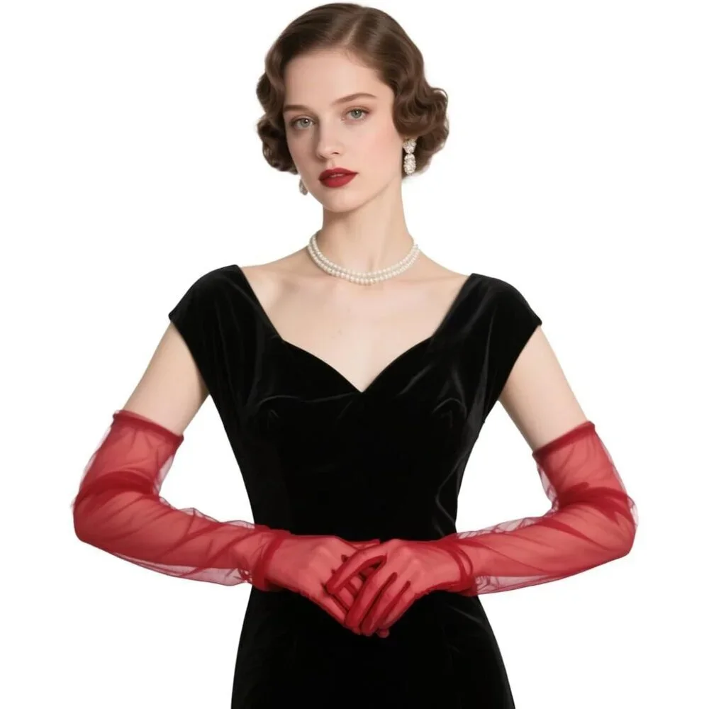 Women's Tulle Wine Red Long Satin Gloves Evening Elbow Length Party Costumes